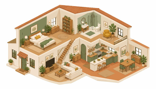 Modern luxury home interior cutaway view. Isometric 2.5D illustration of stylish open-plan living space with furniture and decor.