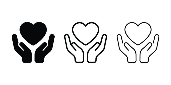Heart in hands icon set. Charity and care symbol isolated on transparent background.