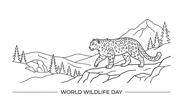 Line art illustration of a snow leopard walking on rocky terrain.