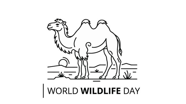 Minimalist line art illustration of a Bactrian camel for World Wildlife Day.