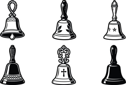 Six ornamental bell silhouettes in black line art set