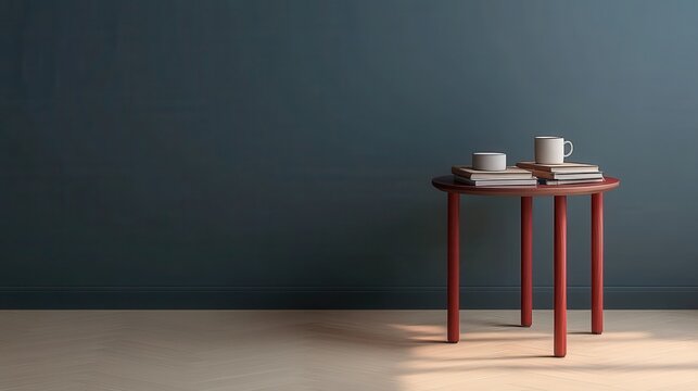 A minimalist interior scene with a red side table and books