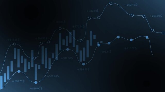 Abstract financial chart with lines and bars animation, Business rising market trends and data points