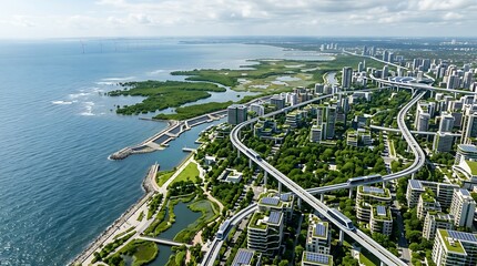 Fototapeta premium Aerial view of a coastal city with green parks. Sustainable urban development by the ocean.