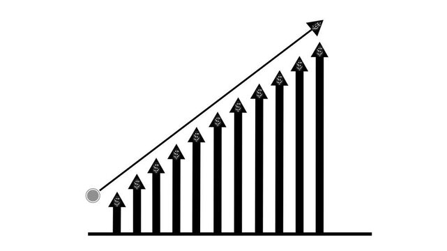 Ascending bar-arrow growth chart animation, Bar-chart arrows and an upward diagonal arrow from left to right, minimalist financial growth concept