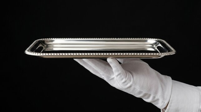 White gloved waiter hand holding empty polished silver serving platter tray isolated on black background