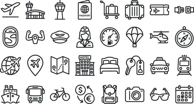 Travel and Transportation Line Icons Set &ndash; Airport, Flight, Hotel, Passport, Luggage, Tourism Outline Vector Collection