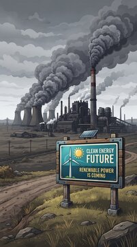 Hope for a Clean Future: A stark contrast between a polluting industrial complex belching smoke and a hopeful sign promoting Clean Energy Future with a wind turbine and sun icon.
