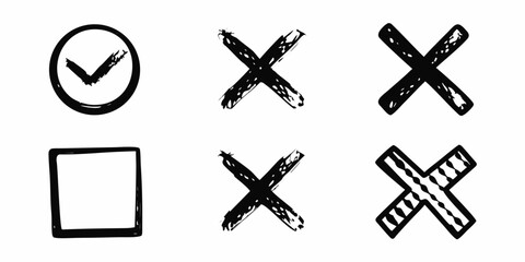 Hand Drawn Checkmarks And X Marks Sketchy Black And White Symbols © Bivuti