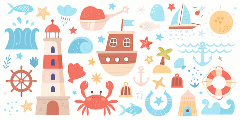 Nautical Illustrations With Seashells Boats And Maritime Elements Vector Style © Bivuti