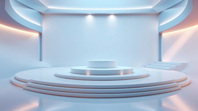 Minimalist stage design. Circular platform, bright lights, modern architecture. Clean lines, futuristic aesthetic, empty space. Dramatic illumination.