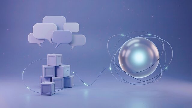 Chat bubbles emerge from stacking cubes connected to a glowing orbital sphere in a soft blue digital space.