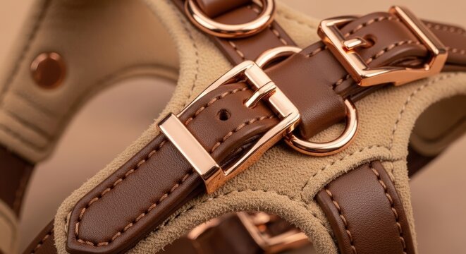Brown leather dog harness closeup.