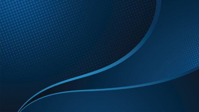 A dark blue background with overlapping wave patterns and halftone dots.