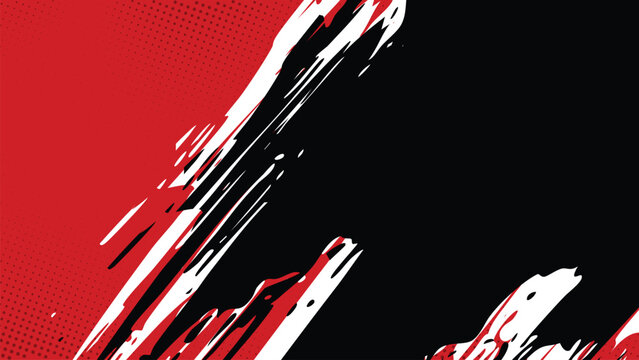 The red background has black and white brushstrokes in a diagonal pattern.