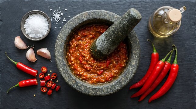 Fresh red chili peppers and spices in a stone mortar and pestle on a dark rustic kitchen table top. sambal oelek