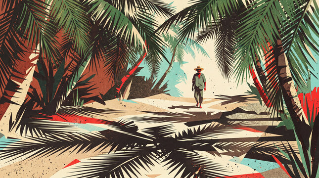 A stylized artistic illustration of a lone traveler wearing a straw hat walking along a sandy path through a lush tropical palm tree paradise in retro graphic style