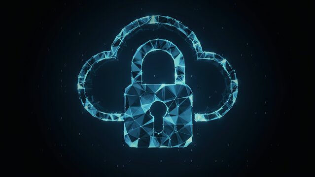 Padlock with a polygonal wireframe construction secures a digital cloud icon against a dark abstract background.