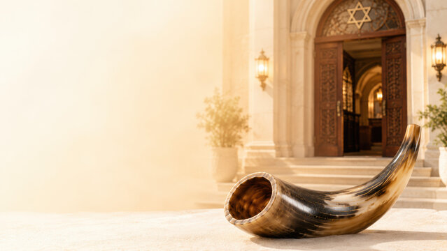 Shofar horn resting on ground outside historic synagogue entrance for Yom Kippur