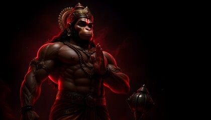 Fototapeta premium Lord Hanuman Powerful Blessing Pose with Gada Weapon, Hindu God Bajrangbali Digital Illustration