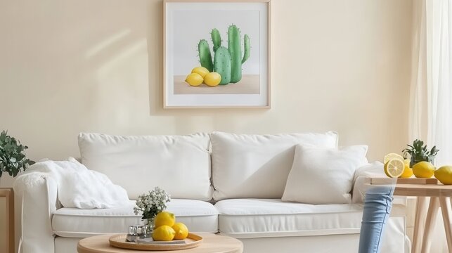 A bright and airy living room with a white sofa and a cactus painting.