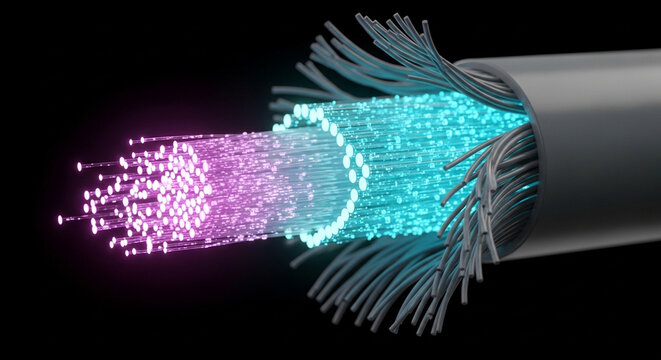 Close-up view of a cut fiber optic cable revealing glowing purple and blue light strands against a dark background.