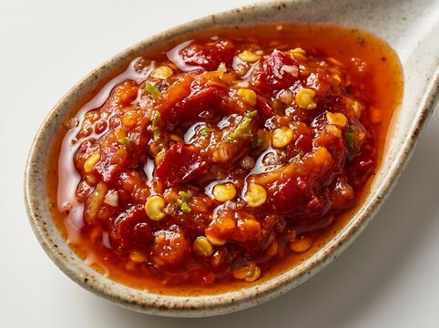 A close up view of a spoon filled with spicy red chili oil sauce with seeds and chopped peppers. sambal oelek