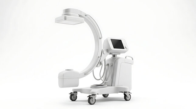 Advanced medical imaging technology A white wheeled fluoroscopy C-arm system for diagnosis