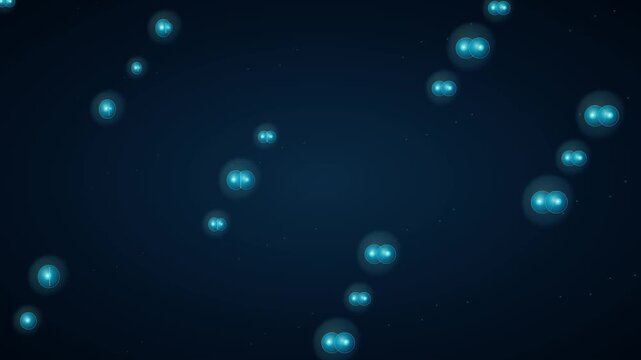 Dynamic Animation Of Blue Molecules Splitting And Recombining On A Dark Blue Background, Representing Chemical Reactions