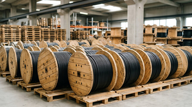 Large wooden spools wound with black industrial cables stored in a spacious warehouse