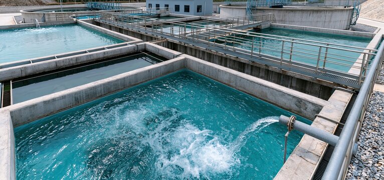 Aerial perspective of a contemporary water treatment plant featuring extensive sedimentation basins and purified water reservoirs.