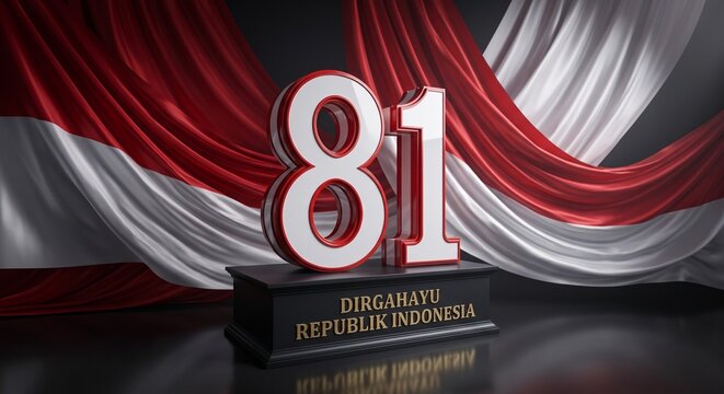 Elegant 3D Render of 81st Indonesian Anniversary with Red and White Silk