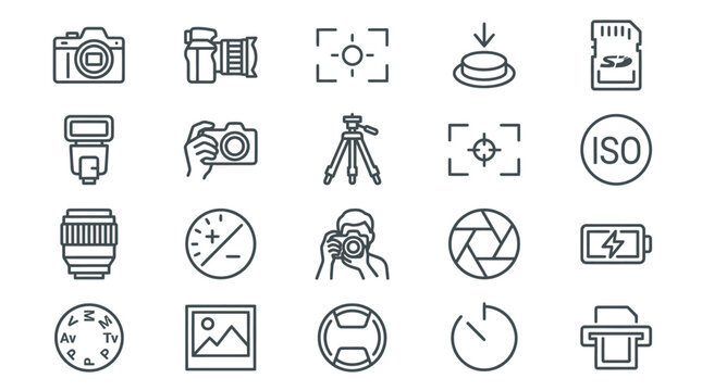Collection of photography icons representing camera equipment and settings