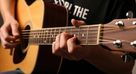 Fototapeta premium Close-up of hands playing guitar.