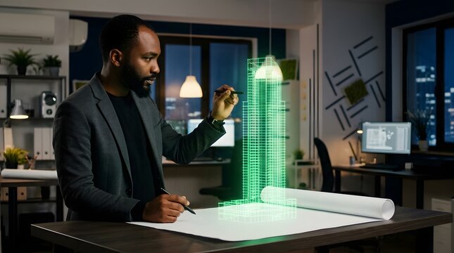 Male architect designing modern building using digital 3D hologram in office