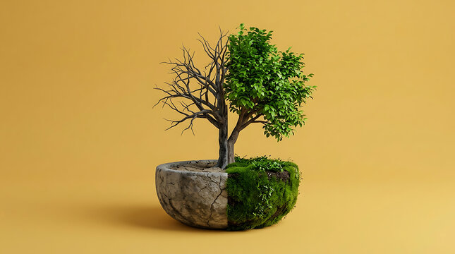 Conceptual tree split into half dead and half alive representing climate change