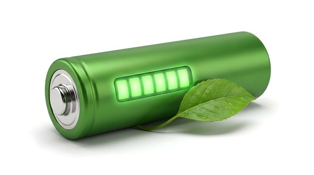 Green battery with glowing full charge level indicator and fresh green leaf on white background, eco energy concept