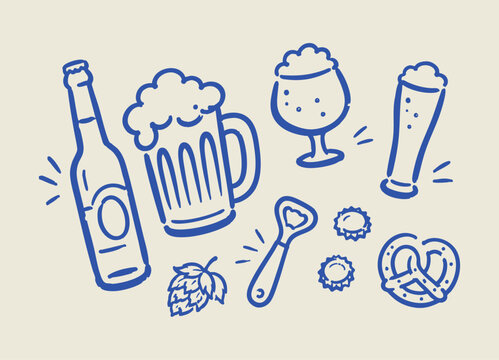 Cute beer doodle set hand drawn vector illustration