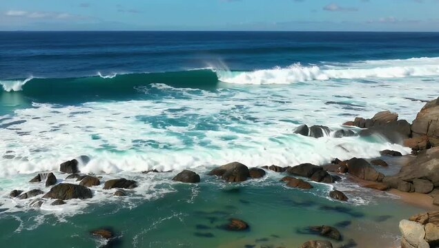 Dramatic 4K aerial drone footage capturing powerful white ocean waves crashing violently against a rugged dark volcanic coastline highlighting natural tidal energy and rich sea surface textures