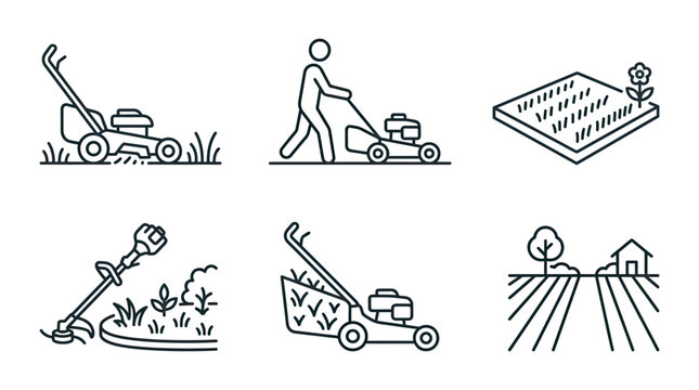 Gardening and lawn care equipment icons set for outdoor maintenance