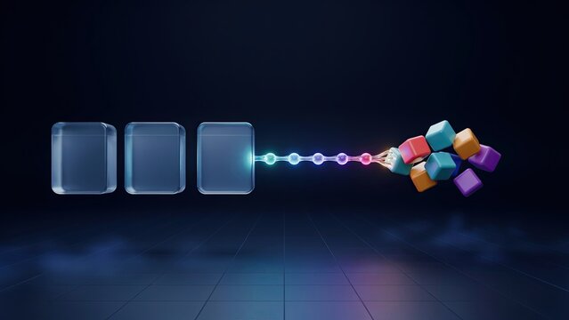 Digital blocks represent modular software components syncing together to form a unified data structure bridge.