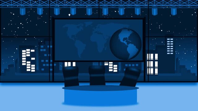 Modern news studio with world map and globe animation
