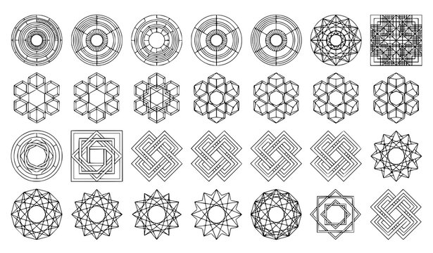 Line art retro geometric shapes outline vector set with technical minimal linear pattern templates