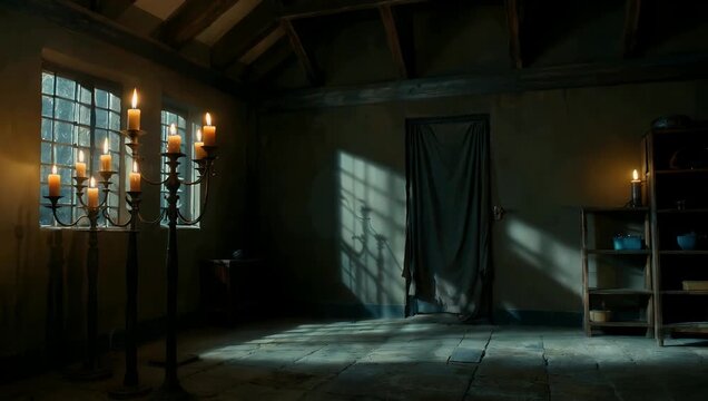 Atmospheric 4K indoor evening shot of a historic Estonian room lit gently by tall candles on the sides creating a moody comforting and cozy warm ambiance with vintage rustic aesthetics