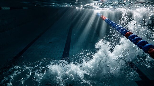 Empty competition swimming lane underwater. Blue pool water with splashing waves and light.