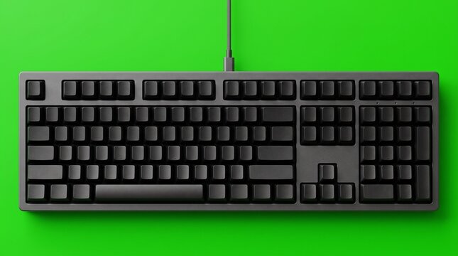 Computer Keyboard on Green Background: A sleek, modern computer keyboard with a matte finish and numeric keypad is displayed prominently against a vibrant, solid green background.