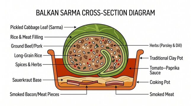Sarma Balkan Stuffed Cabbage Rolls Vector Cross Section Diagram