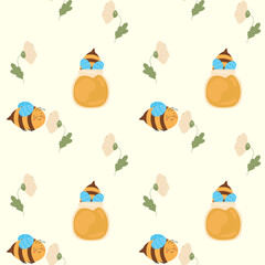 Fototapeta premium A seamless pattern featuring cute cartoon bees with blue wings, honey jars, and light-colored flowers on a soft cream background.