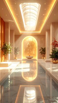 Luxurious Modern Spa Interior with Reflective Pool and Golden Light Feature.