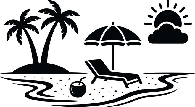 Tropical beach scene silhouette with palm trees sun and beach chair